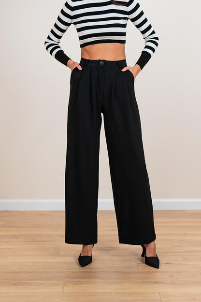 Women's Black Wide Leg Pleated Stylish Trousers