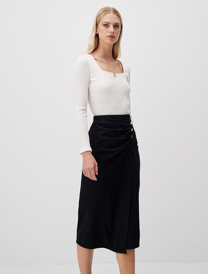 Black Straight Cut Slit Stylish Midi Skirt