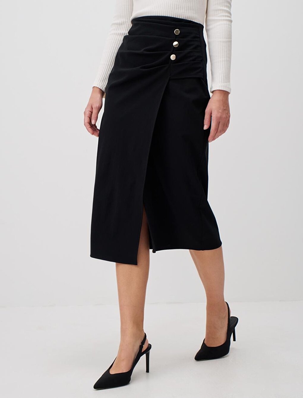 Black Straight Cut Slit Stylish Midi Skirt