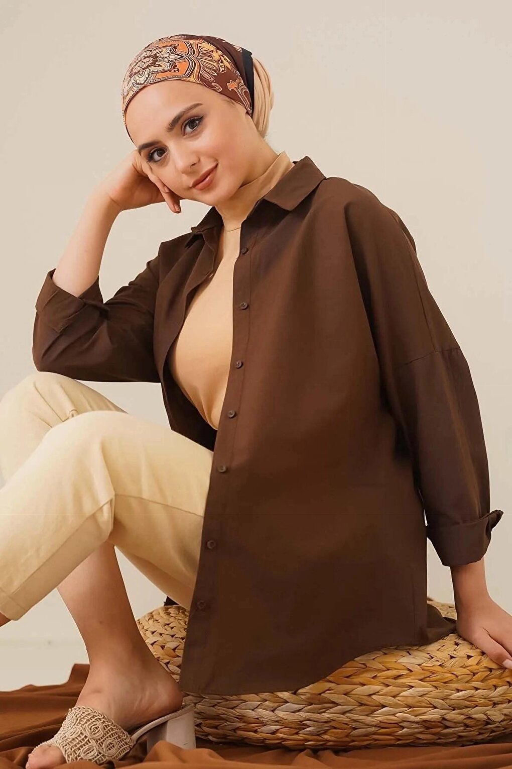 Women's Hijab Brown Wide Fit Long Basic Shirt HZL24W-BD139001