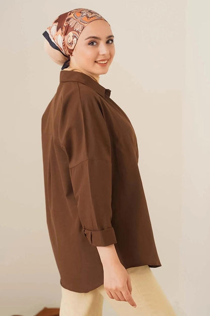 Women's Hijab Brown Wide Fit Long Basic Shirt HZL24W-BD139001