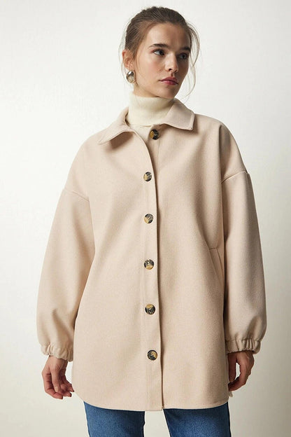 Women's Beige Pocket Button Closure Wide Fit Jacket HZL23W-BD106741