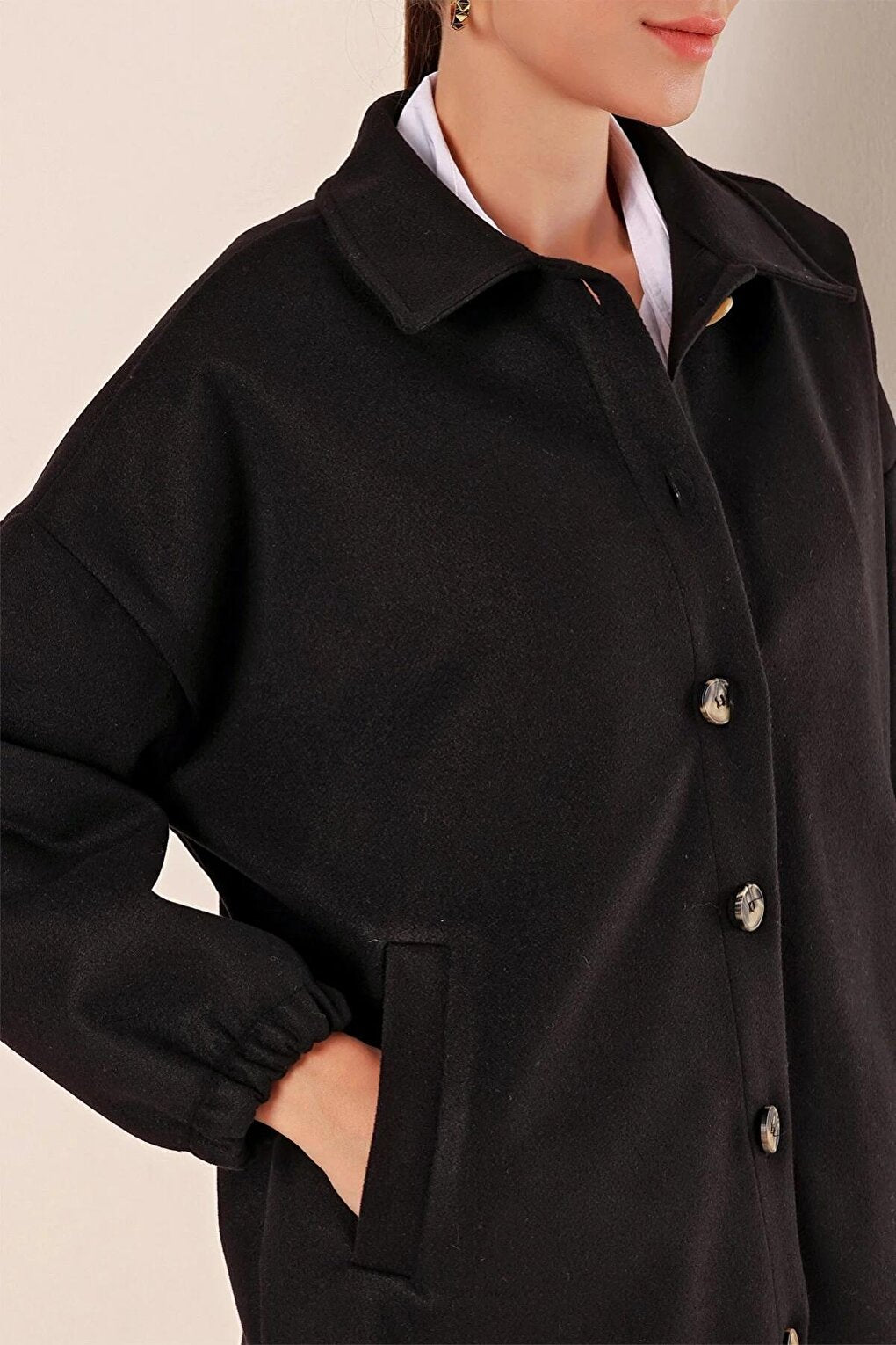 Women's Black Pocket Button Closure Wide Fit Jacket HZL23W-BD106741