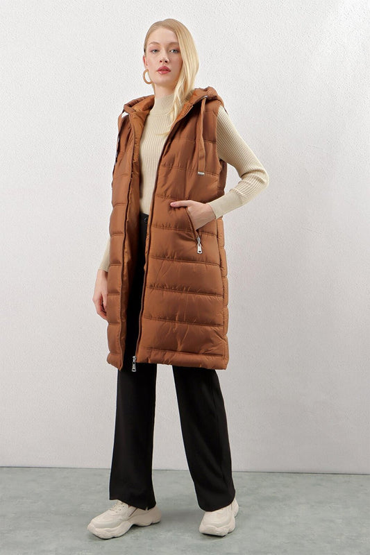 Women's Tan Hooded Long Puffer Vest