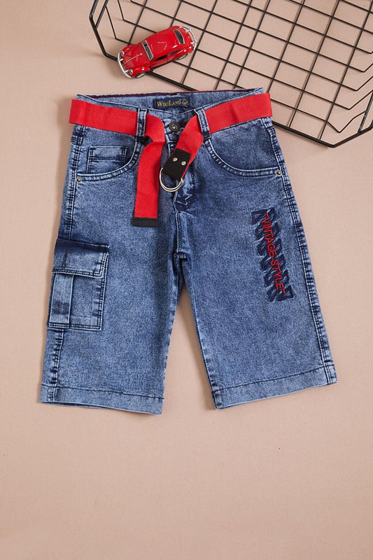 Boy's Blue Text Embroidered Belted Jean Shorts 16104