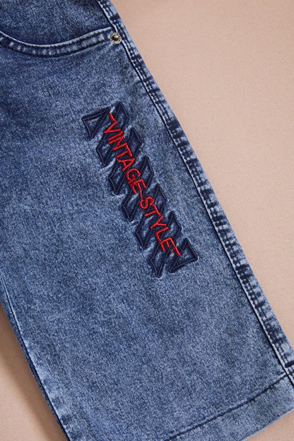 Boy's Blue Text Embroidered Belted Jean Shorts 16104