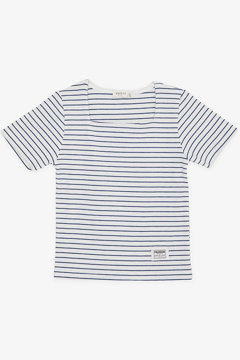 Girl's T-Shirt Striped Square Collar White with Crest (9-14 Years)