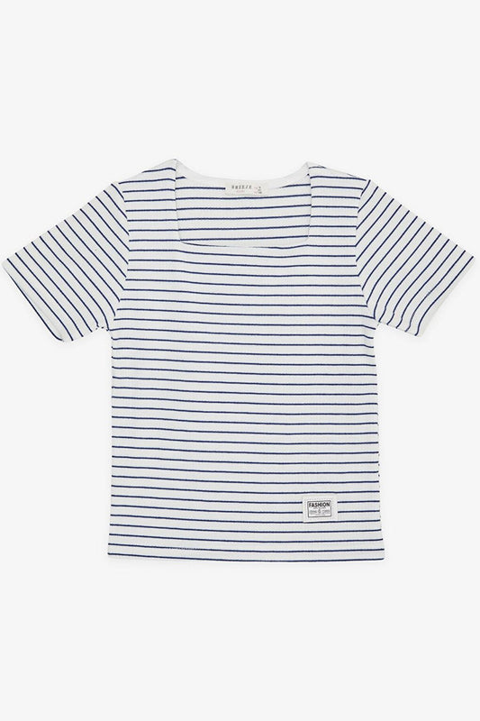 Girl's T-Shirt Striped Square Collar White with Crest (9-14 Years)