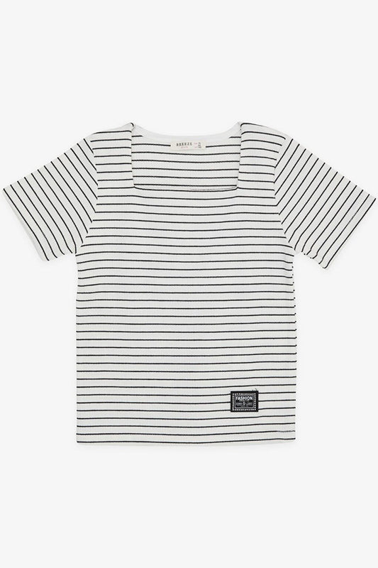 Girl's T-Shirt Striped Square Neck Emblem Ecru (Age 9-14)