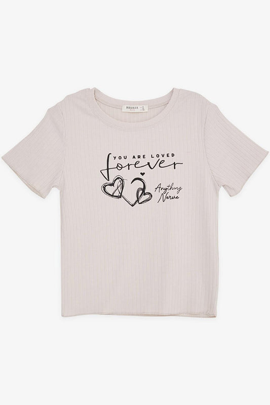 Girl's Crop T-Shirt Text Printed Love Themed Beige (8-14 Years)