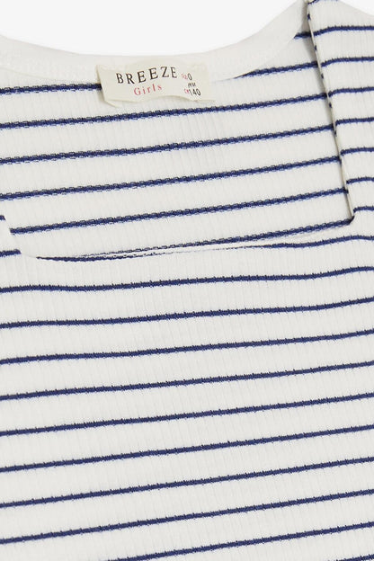 Girl's T-Shirt Striped Square Collar White with Crest (9-14 Years)