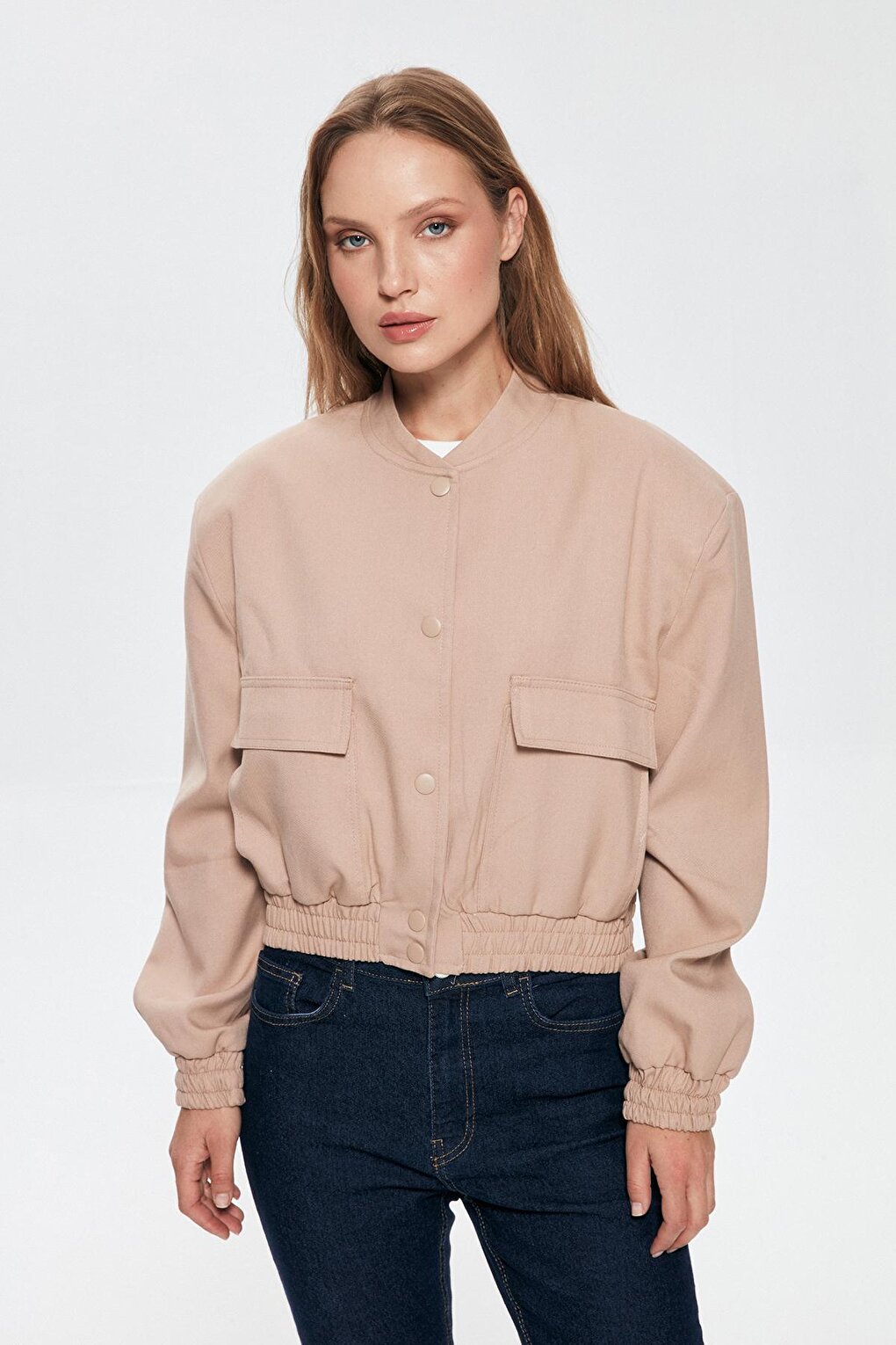 Big Pocket Detailed Bomber Jacket Beige