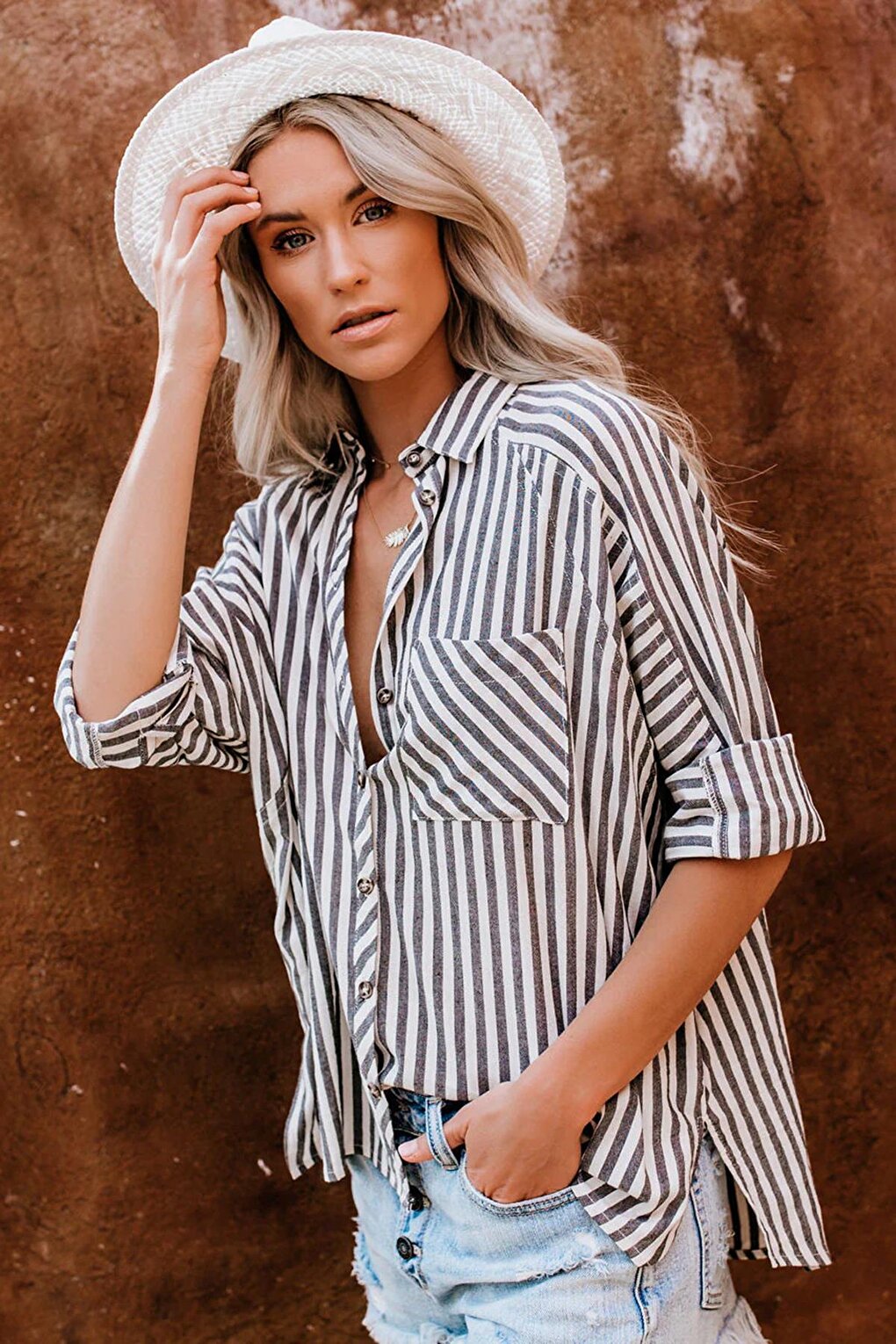 Black Striped Oversize Women's Shirt MG1729