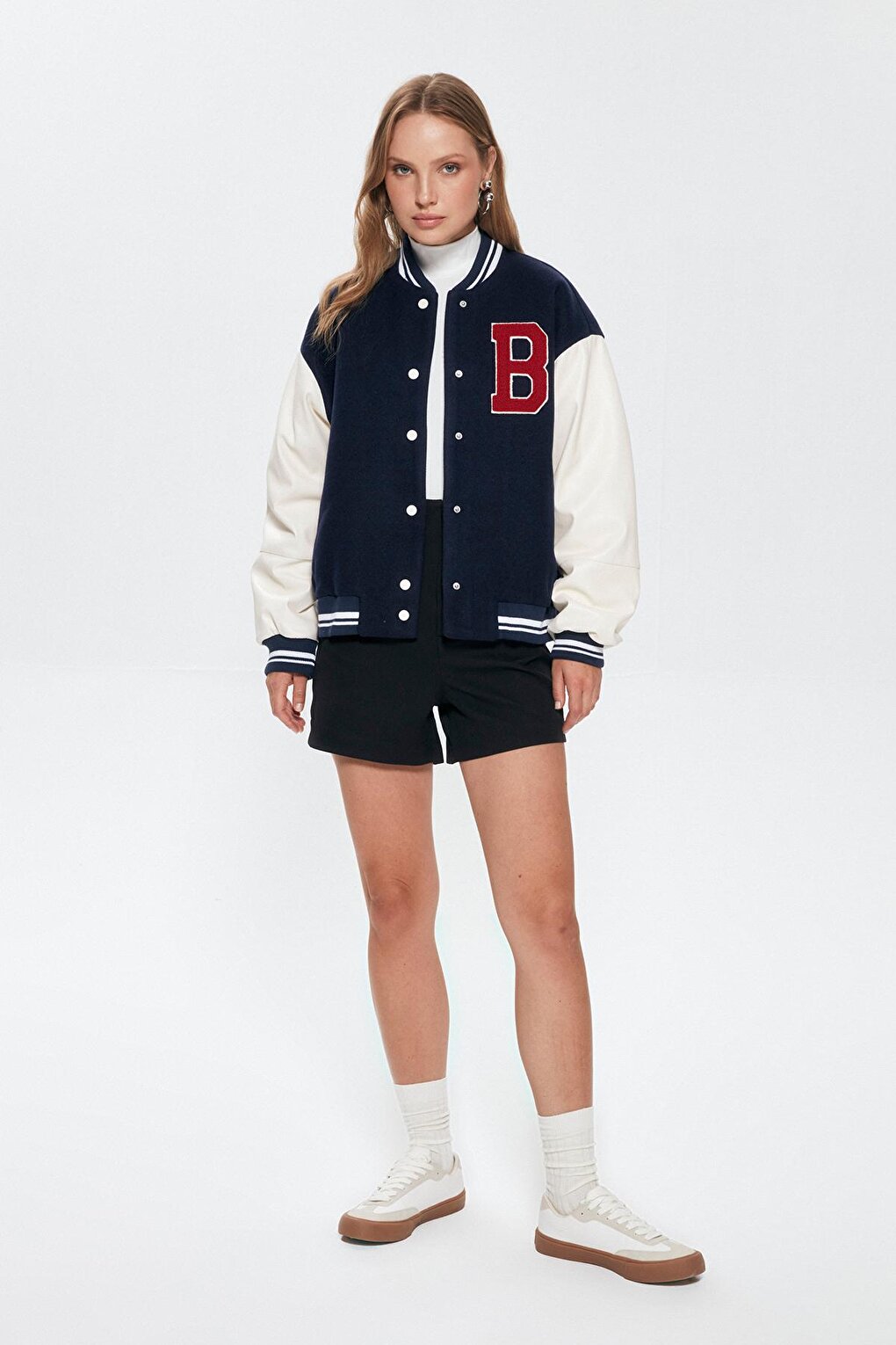 Button Detailed Bomber Jacket Navy Blue