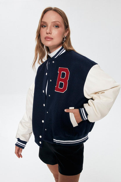 Button Detailed Bomber Jacket Navy Blue