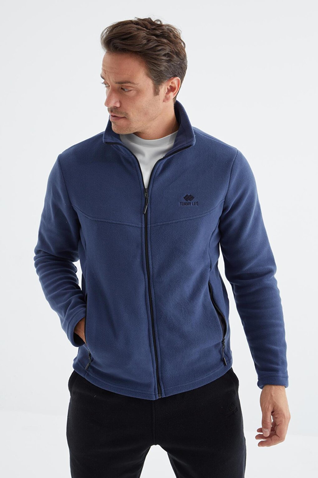 Indigo Zippered Stand Collar Standard Fit Men's Sweatshirt Polar - 88134