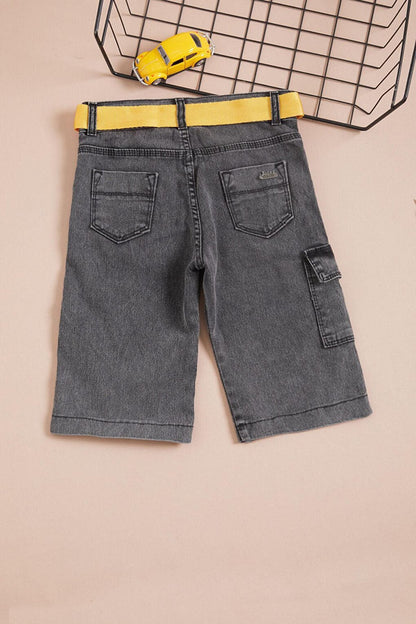 Boy's Black Text Embroidered Belted Jean Shorts 16105