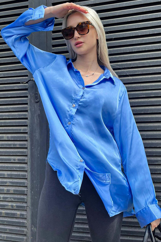 Blue Basic Women's Satin Shirt MG1326