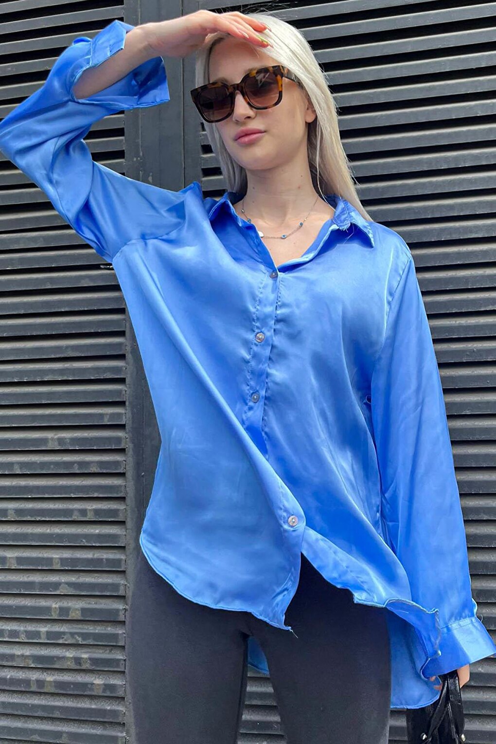 Blue Basic Women's Satin Shirt MG1326