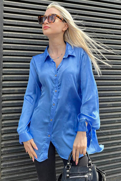 Blue Basic Women's Satin Shirt MG1326