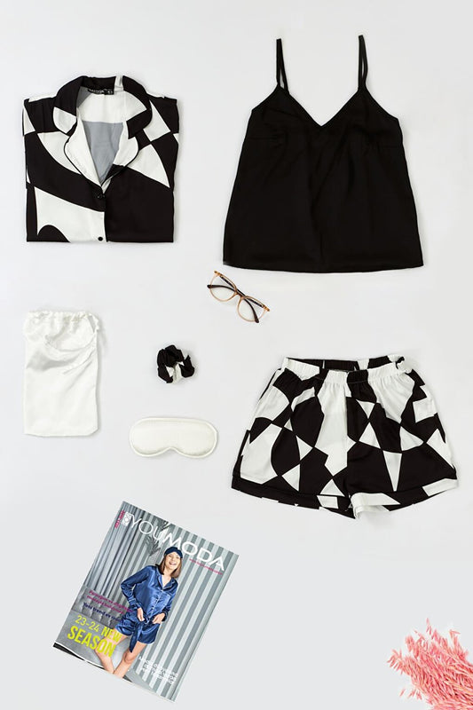 6-Piece Patterned Black and White Satin Pajama Shorts Set