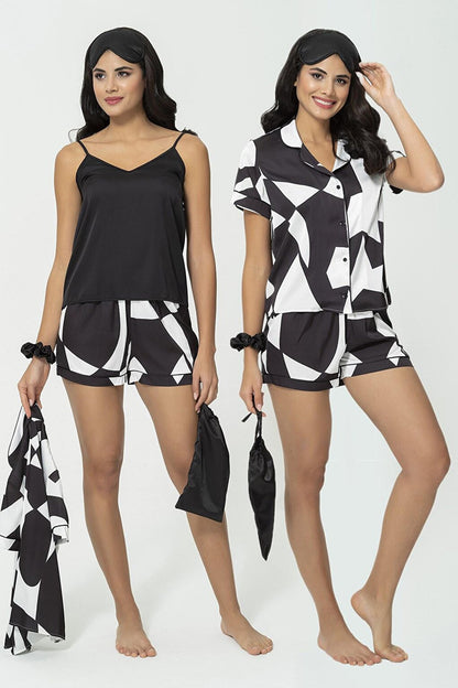 6-Piece Patterned Black and White Satin Pajama Shorts Set