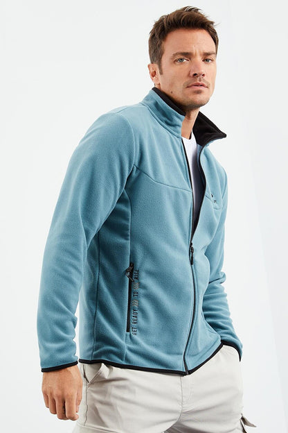 Mint Green Text Embroidered Stand-Up Collar Zippered Standard Fit Men's Sweatshirt Fleece - 87992