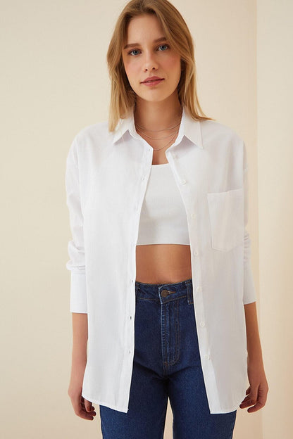 Women's White Buttoned Back Boyfriend Poplin Shirt HZL22S-BD139521