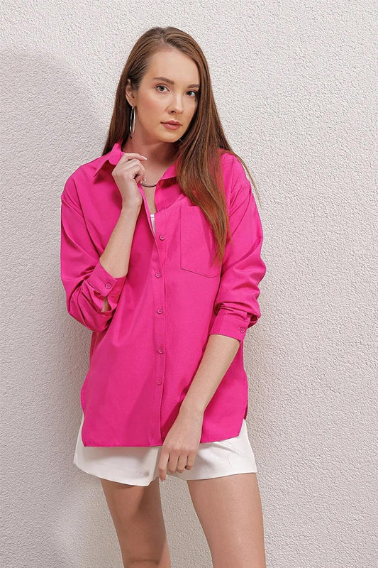 Women's Dark Pink Button Back Boyfriend Poplin Shirt HZL22S-BD139521