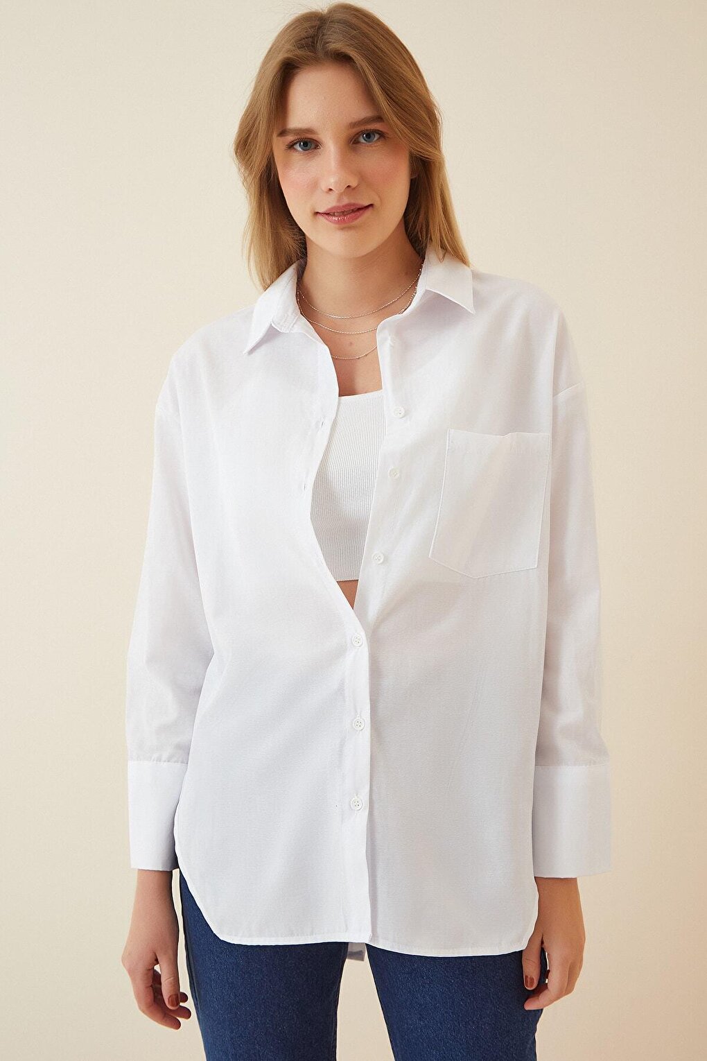 Women's White Buttoned Back Boyfriend Poplin Shirt HZL22S-BD139521