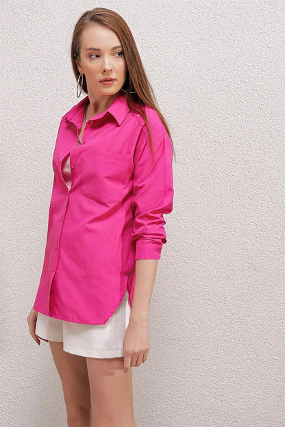 Women's Dark Pink Button Back Boyfriend Poplin Shirt HZL22S-BD139521