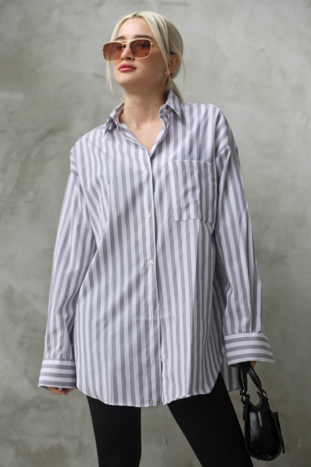 Gray Striped Oversize Women's Shirt MG1688