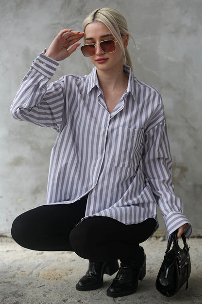 Gray Striped Oversize Women's Shirt MG1688