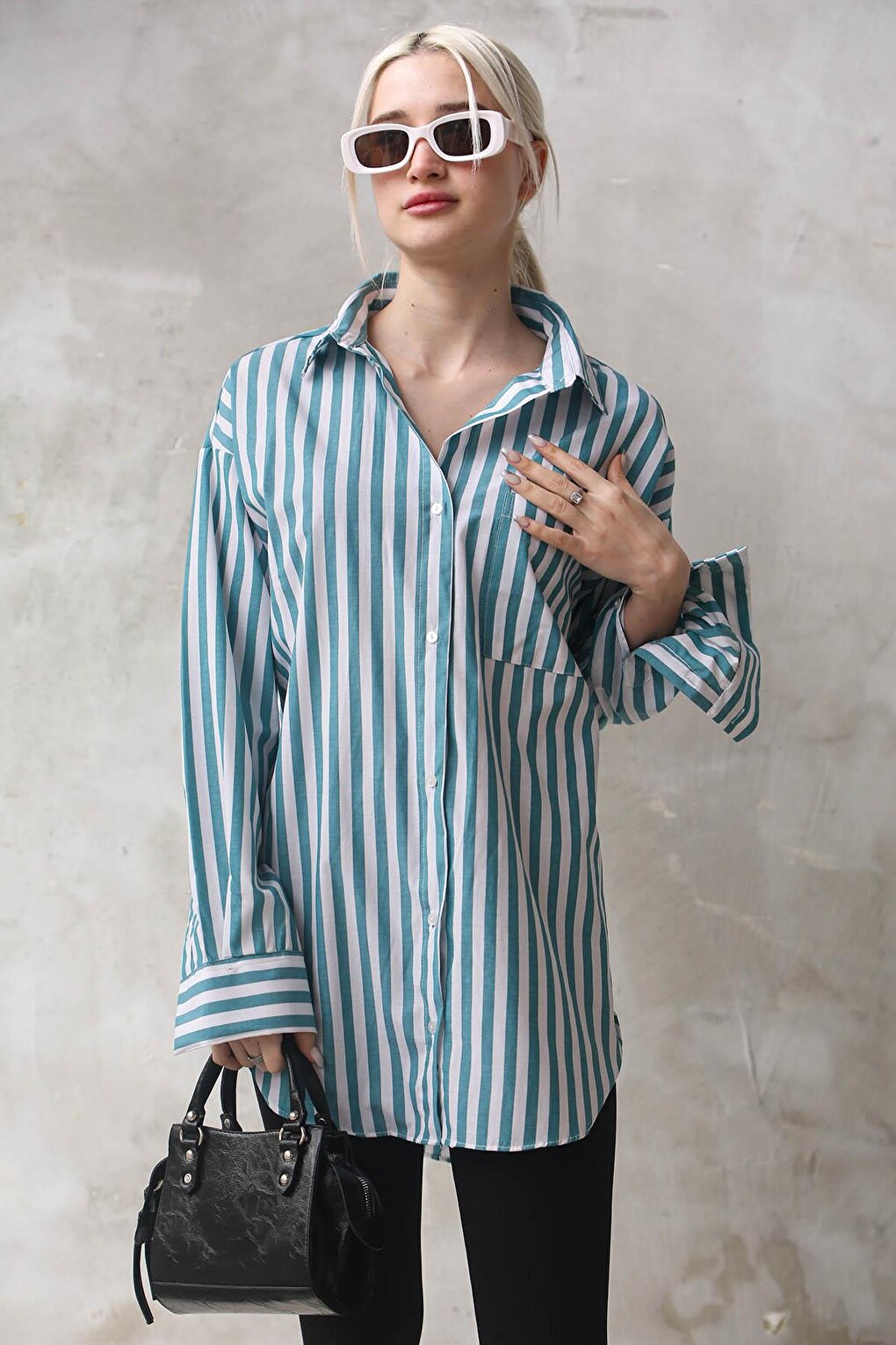 Turquoise Striped Oversize Women's Shirt MG1688