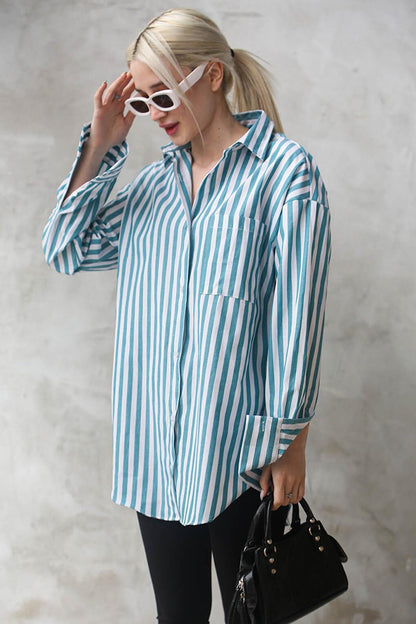 Turquoise Striped Oversize Women's Shirt MG1688