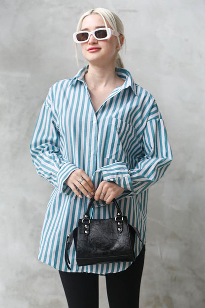 Turquoise Striped Oversize Women's Shirt MG1688