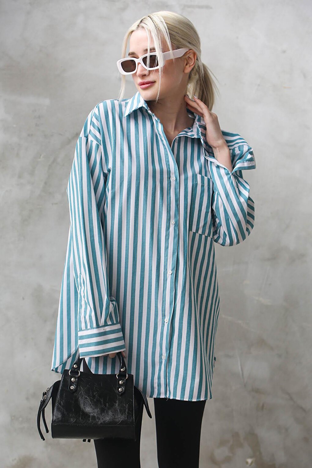 Turquoise Striped Oversize Women's Shirt MG1688