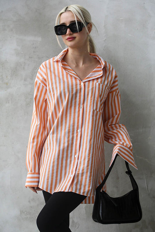 Orange Striped Oversize Women's Shirt MG1688