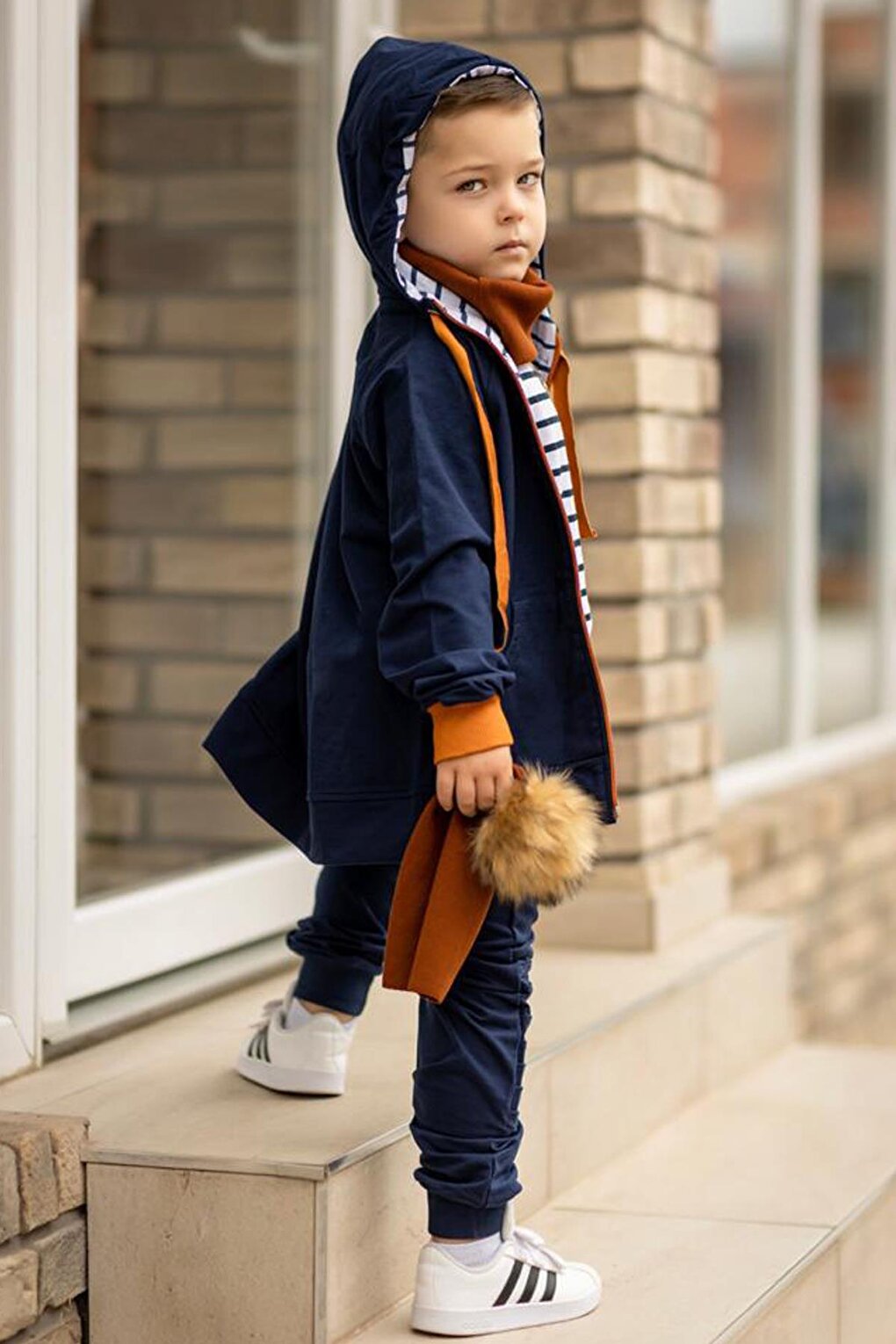 Girls' Boys' Stripe Detailed Hooded Beret and Neck Collar Navy Blue Tracksuit Set