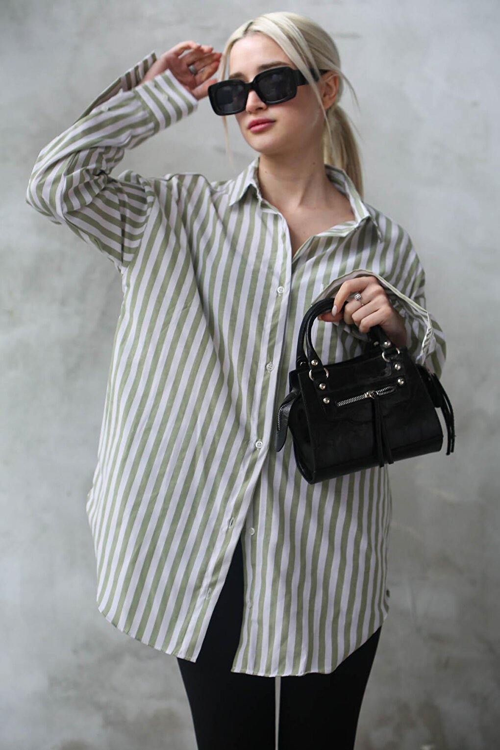 Green Striped Oversize Women's Shirt MG1688