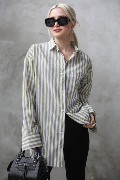 Green Striped Oversize Women's Shirt MG1688