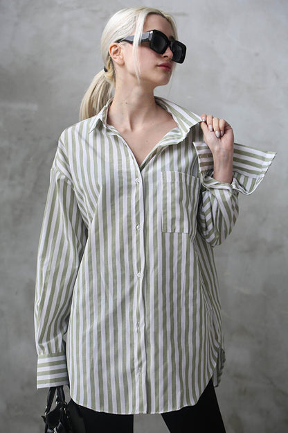 Green Striped Oversize Women's Shirt MG1688