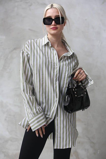 Green Striped Oversize Women's Shirt MG1688