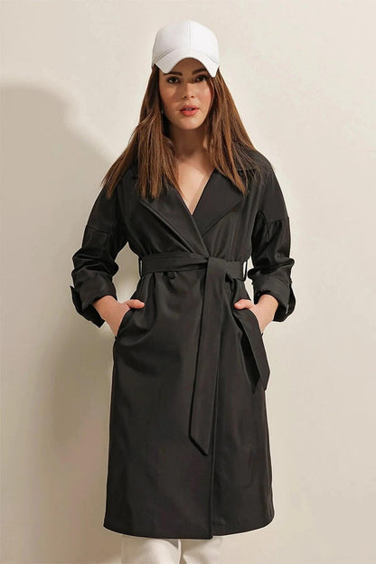 Women's Black Belted Pocket Lined Double Breasted Collar Short Trench Coat HZL23W-BD191041