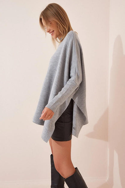 Women's Gray Stand-up Collar Slit Oversize Poncho