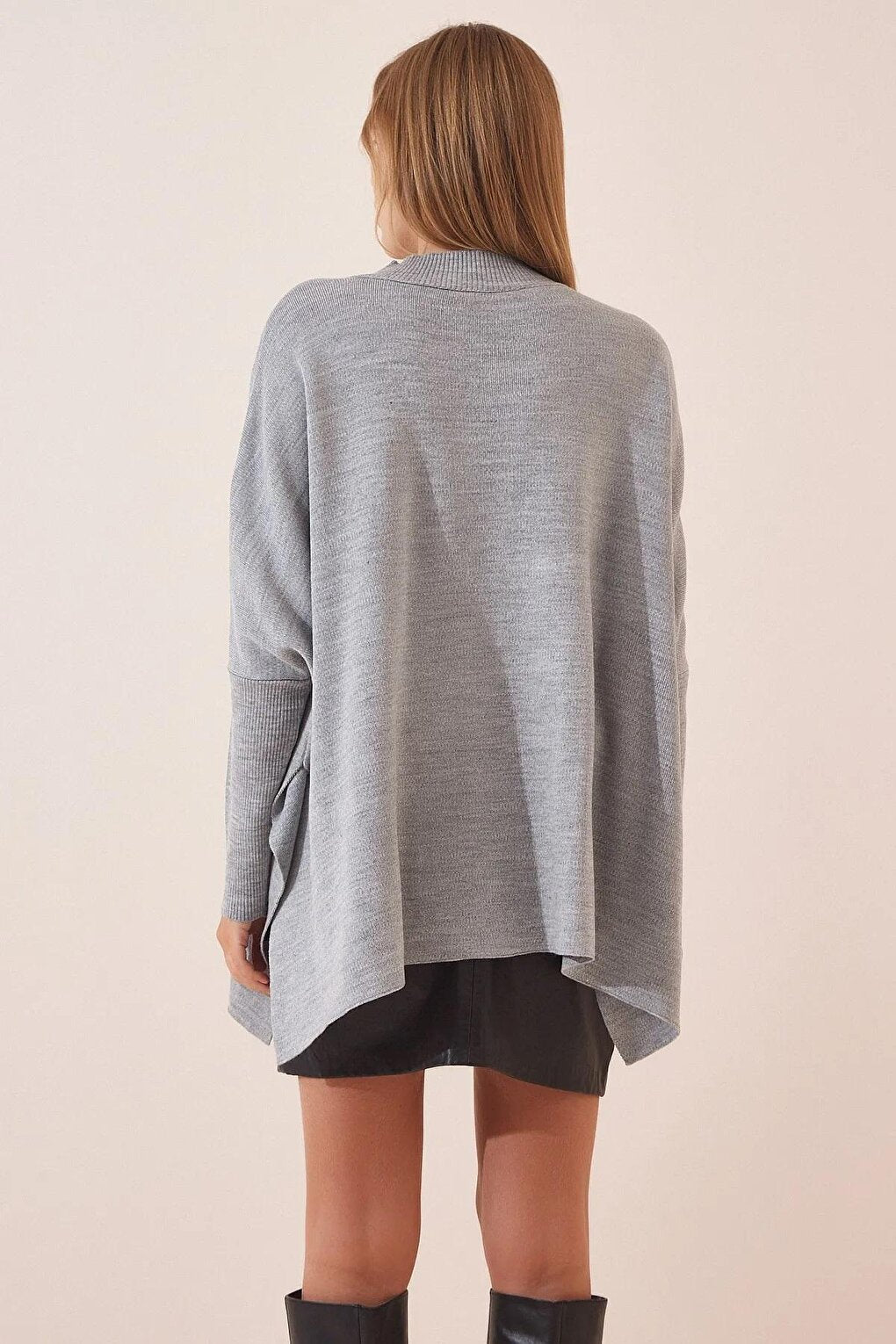 Women's Gray Stand-up Collar Slit Oversize Poncho