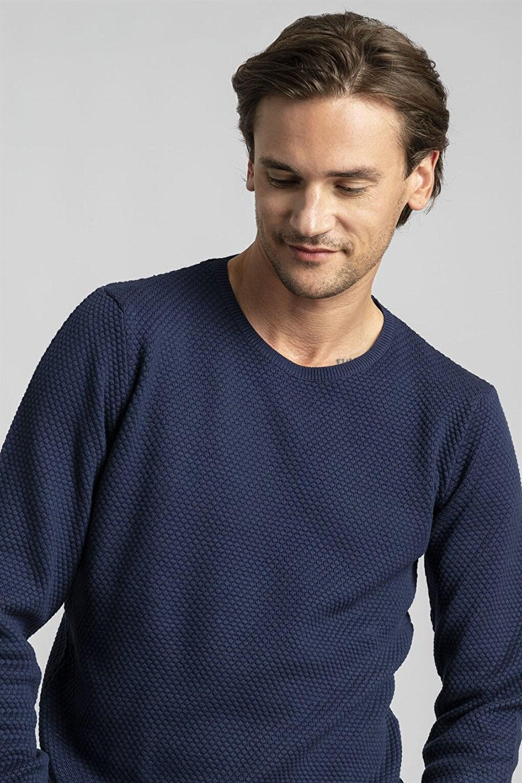 Slim Fit Crew Neck Honeycomb Patterned Men's Blue Sweater