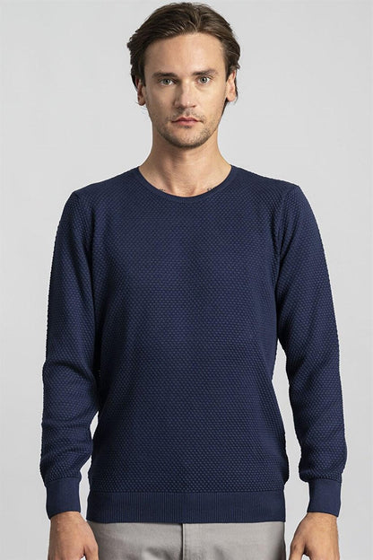 Slim Fit Crew Neck Honeycomb Patterned Men's Blue Sweater