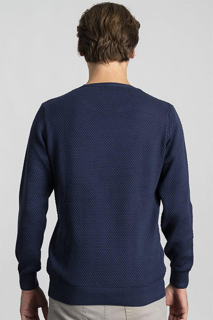 Slim Fit Crew Neck Honeycomb Patterned Men's Blue Sweater