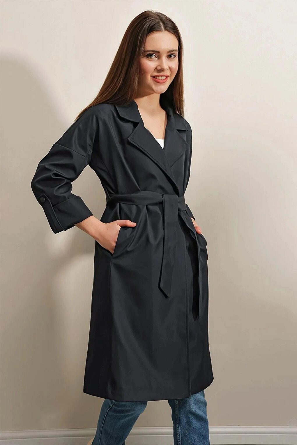 Women's Navy Blue Belted Pocket Lined Double Breasted Collar Short Trench Coat HZL23W-BD191041